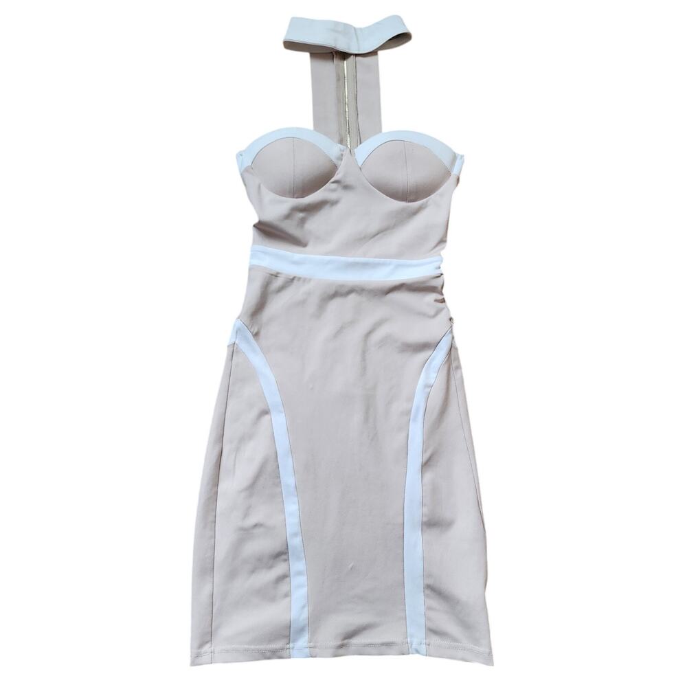 Fashion Nova Nude Bandage Dress Size XS Collar Mini Sleeveless Zip Up